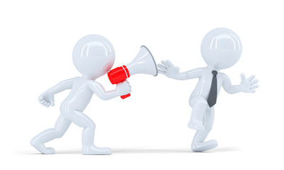 Chief shouts into a megaphone at employee. Clipping path