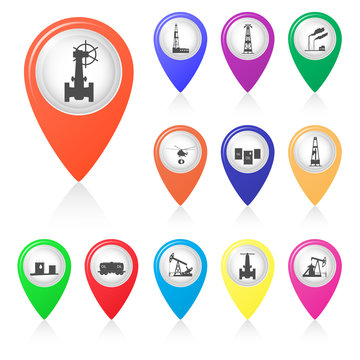Set of silhouettes of oil industry in map markers.