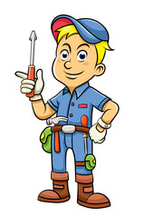 Cute mechanic cartoon holding a screw
