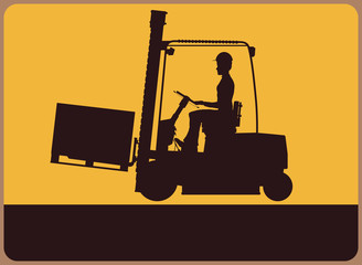 Warning sign with the silhouette of a forklift truck. Vector