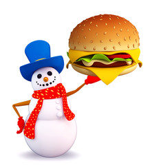 Snowman character with burger