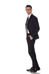 Business man in black suite on white background