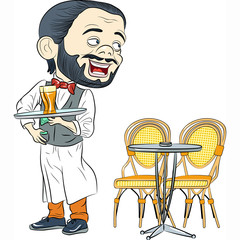 Vector Cheerful waiter with a tray in cafe