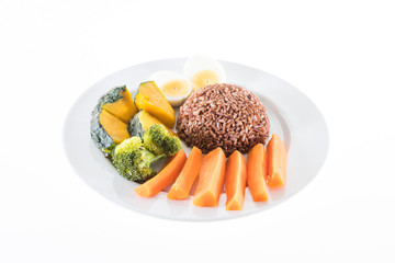 vegetarian food, contains coarse rice, egg, carrot, pumpkin and
