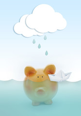 Piggy bank drowning in water, with paper cloud raining above