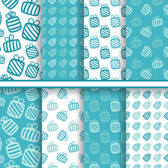 Set of seamless vector bright blue patterns with gifts