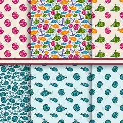 Set of vector seamless sea patterns with fish, shell, submarine