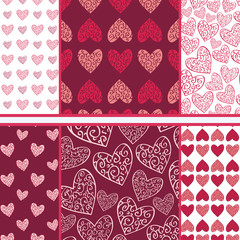 Vector set of hand drawn hearts seamless patterns