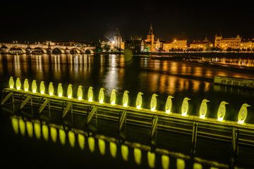 Penguins-lights on Vltava river in Prague