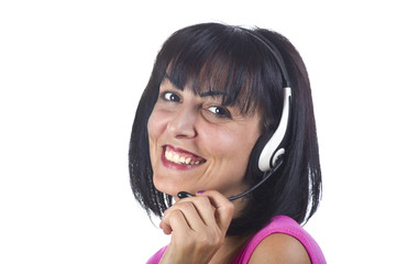 Woman support phone operator in headset, at office