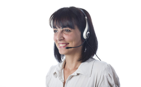 Woman support phone operator in headset, at office