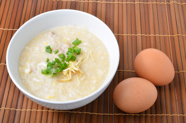 Thai style breakfast with pork and soft-boiled egg