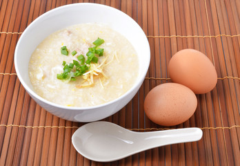 Thai style breakfast with pork and soft-boiled egg