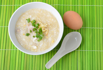 Thai style breakfast with pork and soft-boiled egg