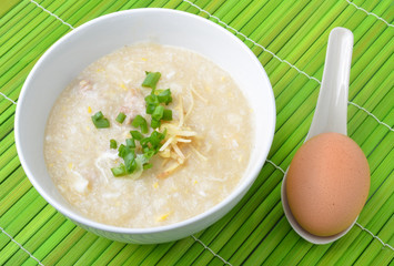 Thai style breakfast with pork and soft-boiled egg