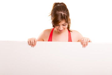 Sport fitness woman hold blank board
