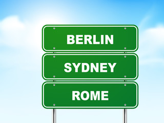 Fototapeta premium 3d road sign with berlin, rome and sydney