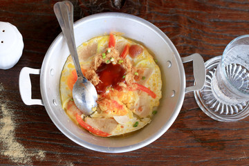 Breakfast with fried eggs pan