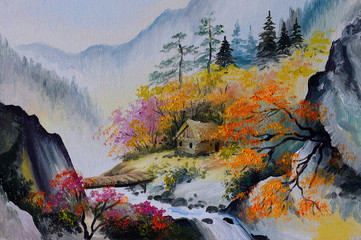 oil painting - landscape in mountains, house in the mountains