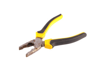 Close up of  old rusty pliers on a white background.