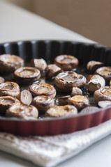 close up of a pan of sauteed mushrooms