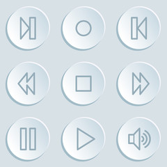 Media player web icons, white sticker buttons