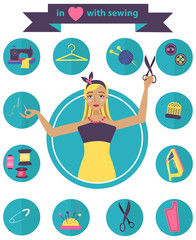 Sewing illustration with dressmaker and differnt tools