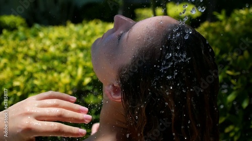 Close Up Sexy Woman In Shower Washing Long Hair Slow Motion