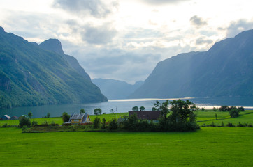 Fototapeta na wymiar Village at Fjord in Norway