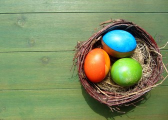 Easter eggs in the nest  on green background with copyspace