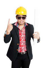 Angry shouting  Asian engineer man with finger raised