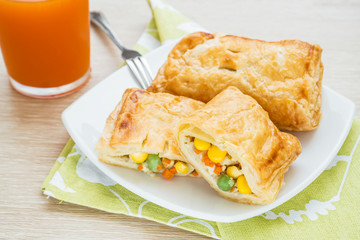 Chicken pie and fruit juice
