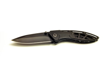 Black open steel pocket knife on white background