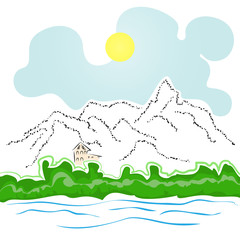 house by the river and mountains
