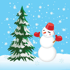 Tree and snowman, winter illustration. Template for the cards.