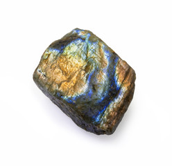 Colorful raw labradorite rock isolated on white.
