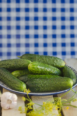 Cucumbers with pimples on the plate with tartan background