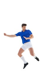 Fototapeta na wymiar Football player in blue jersey jumping