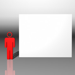 Red 3D character and white presentation board