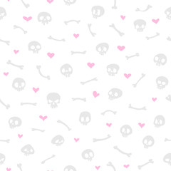 Cartoon Skulls with Hearts on White Background Seamless Pattern