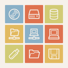 Drives and storage web icons, color square buttons