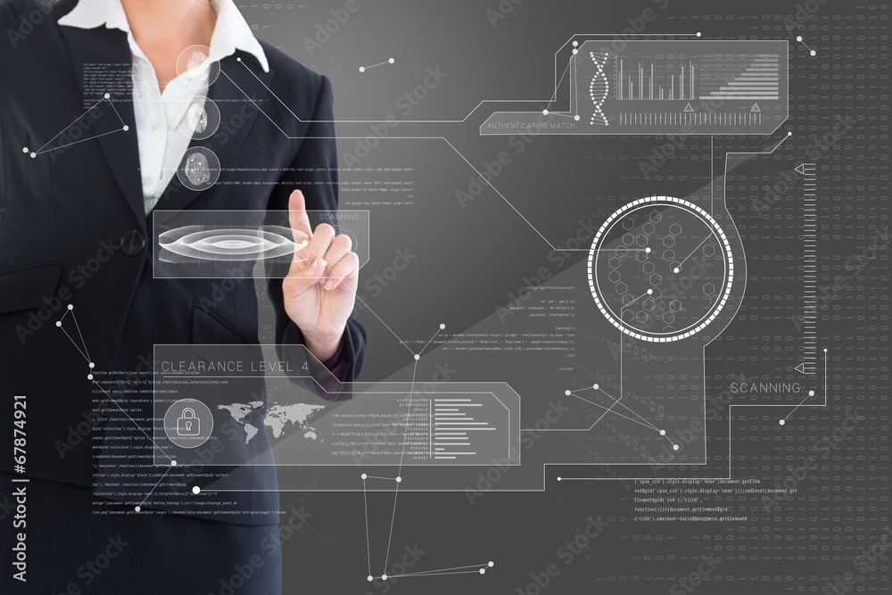 Poster composite image of businesswoman pointing to interface