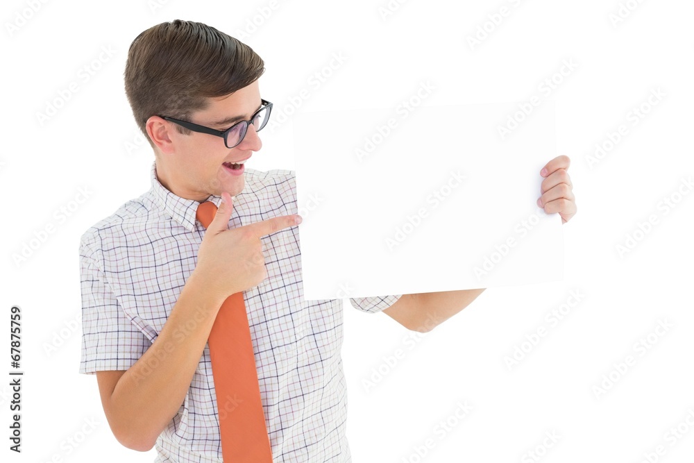 Poster Geeky hipster smiling and showing card