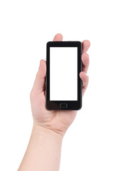 Hand holds cell phone with clipping path.