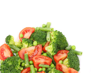 Broccoli salad with tomatoes and green peas.