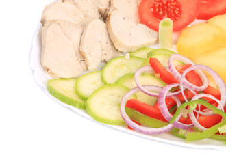 Chicken salad with potatoes and zucchini.