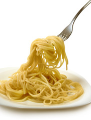 image of a plate of delicious pasta on white background
