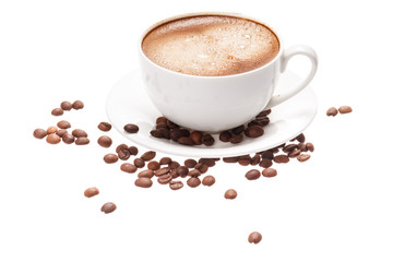 Coffee cup and beans on a white background.