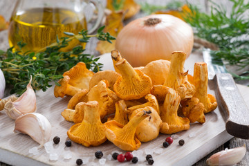 fresh chanterelles and ingredients for cooking - obrazy, fototapety, plakaty