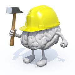 brain with arms, legs, work helmet and hammer on hand